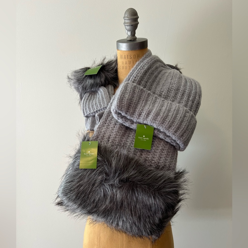 Kate Spade Mohair Blend Scarf Set with Faux Fur. Includes: beanie and gloves